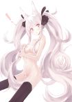  1girl absurdres albino animal_ears bad_id bad_pixiv_id breasts brown_eyes buran_(kure) collarbone fox_ears fox_tail hair_censor hair_over_breasts highres long_hair looking_at_viewer medium_breasts navel nude original simple_background sitting solo tail thighhighs twintails white_background white_hair 