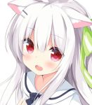  animal_ears black_ribbon blush borrowed_character dog_ears dog_girl eyebrows_visible_through_hair green_ribbon hair_ornament hair_ribbon hairclip koinu-chan long_hair looking_at_viewer mimura_zaja open_mouth original red_eyes ribbon simple_background solo upper_body white_background white_hair 