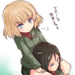  =3 bangs black_skirt blonde_hair blue_eyes carrying closed_mouth commentary girls_und_panzer green_jacket jacket katyusha kitayama_miuki long_sleeves looking_at_viewer miniskirt multiple_girls nonna pleated_skirt pravda_school_uniform red_shirt school_uniform shirt short_hair shoulder_carry sigh skirt standing translated turtleneck v-shaped_eyebrows white_background 