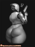  2017 ?! big_breasts big_butt breasts butt clothed clothing da_polar_inc female gun handgun haydee holding_object holding_weapon humanoid machine monochrome not_furry patreon pinup pose ranged_weapon rear_view robot solo standing thick_thighs video_games weapon wide_hips 