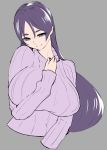  absurdres arm_between_breasts bangs between_breasts breasts commentary_request fate/grand_order fate_(series) head_tilt highres huge_breasts long_hair minamoto_no_raikou_(fate/grand_order) parted_bangs purple_eyes purple_hair ribbed_sleeves ribbed_sweater shirofugu solo sweater turtleneck turtleneck_sweater very_long_hair 