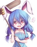  animal_ears blue_dress blue_hair bunny_ears collarbone colored_eyelashes detached_sleeves dior-zi dress ear_clip eyebrows_visible_through_hair fang hair_between_eyes head_tilt highres holding_mallet kine long_hair looking_at_viewer low-tied_long_hair low_twintails mallet open_mouth puffy_short_sleeves puffy_sleeves red_eyes seiran_(touhou) short_sleeves simple_background solo strapless strapless_dress touhou twintails upper_body white_background 