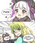  ? ahoge animal_ears atalanta_(fate) bangs beret bow cat_ears comic english fate/grand_order fate_(series) fur_trim gradient_hair green_eyes green_hair hat headpiece highres jeanne_d'arc_(alter)_(fate) jeanne_d'arc_(fate)_(all) looking_back multicolored_hair multiple_girls nursery_rhyme_(fate/extra) open_mouth profanity purple_eyes silver_hair simple_background smile strangling twitter_username watermark white_background yellow_eyes yumyum 