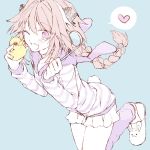  ;d animal_hood animal_slippers astolfo_(fate) black_bow black_scrunchie blue_background blush blush_stickers bow braid bunny_hood bunny_slippers bunny_tail citron_82 collarbone commentary_request eyebrows_visible_through_hair fang fate/apocrypha fate_(series) feet_out_of_frame hair_between_eyes hair_bow hair_intakes hair_ornament hair_scrunchie hands_up heart holding hood hood_down hooded_jacket horizontal_stripes jacket ladle leg_up long_hair long_sleeves looking_at_viewer male_focus multicolored_hair one_eye_closed open_mouth otoko_no_ko pale_color pink_hair purple_eyes purple_jacket raised_eyebrows rubber_duck scrunchie shoe_dangle short_shorts shorts simple_background single_braid sketch smile solo speech_bubble spoken_heart standing standing_on_one_leg streaked_hair striped striped_jacket tail two-tone_hair very_long_hair white_hair white_shorts 