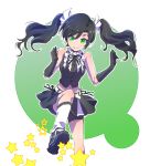  alternate_costume alternate_hairstyle black_dress black_gloves black_hair black_skirt commentary_request dress gloves green_background green_eyes highres iesupa navel neo_(rwby) rwby short_shorts shorts shorts_under_skirt skirt smile solo sparks star stepping twintails 
