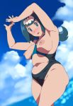  1girl :d areolae armpits arms_up beach blue_eyes blue_hair blue_sky blush breasts cloud day freckles groin highres large_breasts milf navel navel_cutout nipples ocean plump pokemon pokemon_(anime) pokemon_sm_(anime) ponytail puffy_nipples sky smile solo stomach suiren&#039;s_mother_(pokemon) swimsuit 