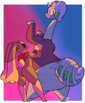  bandage big_butt black_sclera butt cape clothing duo female goodra green_eyes kiwi_(potoobrigham) long_ears looking_back lopunny nintendo pok&eacute;mon pok&eacute;mon_(species) pose potoobrigham size_difference sweater video_games 