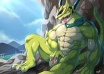  abs animal_genitalia anthro armor barazoku barefoot biceps bna_v5 claws dragon future_card_buddyfight genital_slit green_skin headgear helmet horn looking_down male manly muscular navel nude officer_delta_(buddyfight) open_mouth outside pecs scalie sharp_claws sharp_teeth sitting slit slit_juice slit_play solo teeth toe_claws tongue tongue_out triceps 