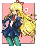  alternate_hairstyle badge bangs blonde_hair blue_legwear blush border breasts buttons dakusuta hair_ribbon hand_in_hair hand_on_hip heart highres long_hair looking_to_the_side outside_border pantyhose pink_background red_ribbon ribbon rockman ryuusei_no_rockman school_uniform shirogane_luna simple_background small_breasts smile solo speech_bubble striped striped_legwear very_long_hair white_border yellow_eyes 