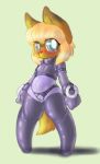  anthro big_eyes blonde_hair blue_eyes blush camel_toe canine clothing female fur gold_fur hair looking_at_viewer mammal rubber rubber_suit simple_background solo sorrynothing spread_legs spreading standing 