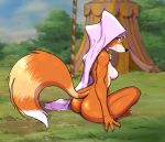  4_fingers amber_eyes anthro bluedraggy breasts butt canine claws clothing dipstick_tail disney erect_nipples female fluffy fluffy_tail fox fur guoh headgear hood looking_at_viewer looking_back maid_marian mammal multicolored_tail nipples nude robin_hood_(disney) seductive sitting smile solo striped_tail stripes 