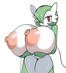  2018 areola big_breasts breasts eyelashes female gardevoir green_hair hair half-closed_eyes hand_on_breast holding_breast huge_breasts humanoid hyper hyper_breasts looking_at_viewer nintendo nipples not_furry petronoise pok&eacute;mon pok&eacute;mon_(species) pussy red_eyes simple_background solo standing thick_thighs video_games white_background white_skin 