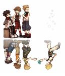  3boys blonde_hair brown_eyes brown_hair commentary dual_persona eating food green_eyes hayner headband highres ice_cream kingdom_hearts kingdom_hearts_ii kingdom_hearts_iii looking_to_the_side momoppi multiple_boys olette pence popsicle roxas simple_background sitting sleeveless spiked_hair 