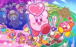  4girls bandana blade_knight blonde_hair blue_hair broom broom_hatter castle commentary_request como_(kirby) covered_mouth drop_shadow faceless flamberge_(kirby) francisca_(kirby) hat heart heart_eyes hyness jester_cap kirby kirby:_star_allies kirby_(series) multiple_girls official_art one-eyed plugg_(kirby) red_hair smile sparkle staff sweeping vividria waddle_dee waddle_doo zan_partizanne 