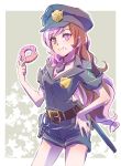  baton belt bitten breasts brown_eyes brown_hair cleavage commentary_request cuffs doughnut food handcuffs hat heterochromia highres iesupa long_hair medium_breasts multicolored_hair necktie neo_(rwby) pink_eyes pink_hair police police_badge police_hat police_uniform policewoman rwby shorts solo tonfa uniform weapon 