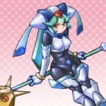 android bodysuit bracelet breasts commentary_request drill_(emilio) green_hair helmet highres holding holding_staff jewelry legs_together looking_at_viewer looking_to_the_side medium_breasts object_riding orange_eyes pandora_(rockman) patterned_background polka_dot polka_dot_background rockman rockman_zx sitting skin_tight spandex staff tight 