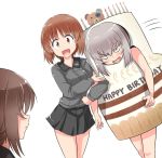  :d alternate_costume bangs black_skirt blue_eyes blush boko_(girls_und_panzer) brown_eyes brown_hair cake cake_costume candle commentary constricted_pupils costume dress_shirt english eyebrows_visible_through_hair food frown girls_und_panzer grey_shirt happy_birthday itsumi_erika kitayama_miuki kuromorimine_school_uniform locked_arms long_hair long_sleeves looking_at_another looking_at_viewer miniskirt motion_lines multiple_girls nishizumi_maho nishizumi_miho open_mouth pleated_skirt restrained school_uniform shirt short_hair siblings silver_hair simple_background sisters skirt smile standing v-shaped_eyebrows white_background 