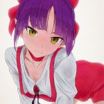  akagi_(fmttps) all_fours bangs blush bow breasts brooch choker cleavage closed_mouth dress gegege_no_kitarou hair_bow jewelry long_sleeves looking_at_viewer nekomusume nekomusume_(gegege_no_kitarou_6) pointy_ears purple_hair red_bow red_choker red_dress shirt short_hair simple_background small_breasts solo white_shirt yellow_eyes 