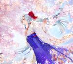  artist_name blue_hair blue_hakama blue_sky bow cherry_blossoms dappled_sunlight day dutch_angle fate/grand_order fate_(series) feet_out_of_frame flat_chest floral_print from_below hair_bow hair_ornament hairclip hakama hand_on_own_chest japanese_clothes kimono long_hair long_sleeves outdoors parted_lips ponytail red_bow red_eyes shiny shiny_hair shutsuri sidelocks sky solo spring_(season) standing sunlight tomoe_gozen_(fate/grand_order) very_long_hair white_kimono wide_sleeves 