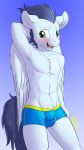  2018 abs anthro blue_fur blue_hair blush bulge clothed clothing equine friendship_is_magic fur green_eyes hair hi_res invalid_tag male mammal muscular my_little_pony open_mouth pegasus pubes punk-pegasus shorts simple_background skimpy soarin_(mlp) solo topless wings wonderbolts_(mlp) 