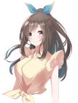  absurdres bangs bare_arms blue_bow blush bow breasts brown_eyes brown_hair commentary_request eyebrows_visible_through_hair frills hair_bow highres idolmaster idolmaster_shiny_colors large_breasts long_hair ponytail ribbon shirt smile solo soundsechop tsukioka_kogane upper_body 