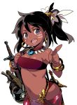  bag black_eyes black_hair bracelet breasts dark_skin earrings facial_mark high_ponytail himukai_yuuji index_finger_raised jewelry long_hair looking_at_viewer magatama medium_breasts navel neck_ring non-web_source official_art open_mouth sekaiju_no_meikyuu sekaiju_no_meikyuu_x sheath sheathed shilleka shoulder_bag simple_background solo strapless sword tubetop upper_teeth weapon white_background 