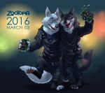  2016 alcohol anthro beer beer_can beverage black_fur canine clothed clothing disney drunk duo english_text fur gary_(zootopia) holding_object kit-ray-live larry_(zootopia) male mammal open_mouth pants signature teeth text tongue uniform white_fur wolf zootopia 