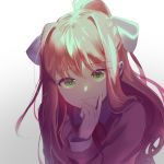  alpha_(ypalpha79) bangs blazer blush bow brown_hair closed_mouth collared_shirt commentary doki_doki_literature_club english_commentary eyebrows_visible_through_hair finger_to_cheek gradient gradient_background green_eyes grey_background grey_jacket hair_bow hair_intakes high_ponytail highres jacket long_hair long_sleeves looking_at_viewer monika_(doki_doki_literature_club) neck_ribbon ponytail red_neckwear red_ribbon ribbon school_uniform shirt sidelocks simple_background smile solo upper_body white_background white_shirt wing_collar 