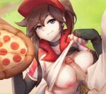  1boy 1girl animated animated_gif between_breasts blue_eyes breasts brown_hair hat large_breasts league_of_legends looking_at_viewer money nipples paizuri penis pizza pizza_delivery_sivir ponytail riot_games shirt shirt_lift sivir smile work_in_progress 