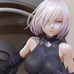  3d armor bare_shoulders black_armor boots breasts fate/grand_order fate_(series) gauntlets greaves hair_over_one_eye leslyzerosix mash_kyrielight medium_breasts purple_eyes purple_hair shield short_hair solo 