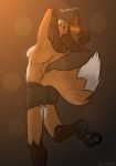  2018 anthro breasts brown_hair butt camo canine clothed clothing eyes_closed female fox fur hair mammal on_one_leg open_mouth pawpads paws plaster ruth66 short_hair shorts side_boob simple_background solo standing stretching toes topless yawn 