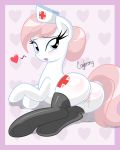  &lt;3 2015 blue_eyes blush butt butt_blush clothing cogbrony cutie_mark earth_pony equine female feral friendship_is_magic fur hair hat hi_res horse legwear looking_at_viewer lying mammal my_little_pony nurse nurse_redheart_(mlp) open_mouth pink_hair pony pussy pussy_juice solo stockings white_fur 