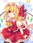  ;d absurdres ascot black_legwear blonde_hair blush bow candy character_name commentary_request crystal eyebrows_visible_through_hair fang flandre_scarlet food frilled_shirt_collar frills hair_between_eyes hand_up hat hat_bow head_tilt highres lollipop macaron mob_cap one_eye_closed open_mouth petticoat puffy_short_sleeves puffy_sleeves red_bow red_eyes red_footwear red_skirt red_vest ruhika shadow shoes short_hair short_sleeves side_ponytail simple_background skirt smile solo star touhou vest white_background white_hat wings wrist_cuffs yellow_neckwear 