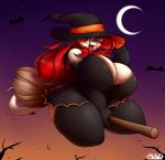  2016 anthro averyshadydolphin big_breasts breasts broom broom_riding cleavage clothed clothing costume crescent_moon dragon eyebrows eyewear female glasses hair halloween hat hi_res holidays huge_breasts jou looking_at_viewer magic_user moon open_mouth outside red_eyes red_hair sokajou solo thick_thighs voluptuous wide_hips witch witch_hat 