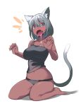  1girl :o animal_ears barefoot black_panties blush breasts bright_pupils cat_ears cat_tail dark_skin drooling eyebrows_visible_through_hair fang grey_hair hair_between_eyes highres large_breasts looking_at_viewer midriff navel original panties saiste seiza short_hair silver_eyes simple_background sitting solo tail tank_top underwear underwear_only white_background 
