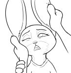  2018 ambiguous_gender anthro black_and_white buckteeth clothed clothing disney duo ear_grab ear_rub female hand_on_cheek judy_hopps lagomorph looking_pleasured mammal monochrome one_eye_closed open_mouth rabbit simple_background solo_focus teeth tggeko white_background zootopia 