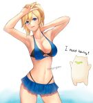  1girl arms_up bangs black_bra black_panties blonde_hair blue_background blue_eyes blue_skirt bra breasts collarbone commentary cowboy_shot english english_commentary genji_(overwatch) gradient gradient_background hair_between_eyes halterneck high_ponytail highleg highleg_panties highres large_breasts looking_at_viewer mercy_(overwatch) microskirt navel no_headwear no_wings nose overwatch panties panty_straps skirt smile twitter_username underwear v white_background yoyongsan 