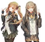  armband bad_id bad_pixiv_id bangs belt black_legwear black_skirt blush brown_eyes brown_hair buckle buttons closed_mouth commentary_request daeraeband eating eyebrows_visible_through_hair fingerless_gloves floating_hair food girls_frontline gloves hair_between_eyes hair_ornament hairclip hand_in_pocket highres holding_pocky jacket long_hair looking_at_viewer multiple_girls one_side_up pantyhose parted_lips pleated_skirt pocky scar scar_across_eye shirt siblings sidelocks sisters skirt smile standing strap twintails ump45_(girls_frontline) ump9_(girls_frontline) white_shirt yellow_eyes 