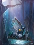  avian azukipuddles bird blue_eyes forest gryphon magpie moon naviwavi night raining solo surprise tree wet 