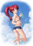  asagiri_youko ass bare_shoulders barefoot bottle breasts camouflage_bikini_top cloud commentary_request cutoffs day denim denim_shorts feet from_behind genmu_senki_leda highres holding kuninin leg_lift legs long_hair looking_back open_mouth outdoors ponytail red_eyes red_hair short_shorts shorts sideboob sky small_breasts smile soles solo standing standing_on_one_leg sweat toes water_bottle 