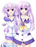  d-pad d-pad_hair_ornament dress hair_ornament highres jacket long_hair looking_at_viewer multiple_girls nepgear neptune_(choujigen_game_neptune) neptune_(series) official_style open_mouth purple_eyes purple_hair sailor_dress short_hair siblings simple_background sisters smile white_background zero_(ray_0805) 