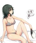  barefoot bra breasts character_name commentary_request eyepatch green_eyes green_hair grey_bra grey_panties hat hat_removed headwear_removed holding holding_hat kantai_collection kiso_(kantai_collection) panties rizzl short_hair simple_background small_breasts solo twitter_username underwear underwear_only white_background white_hat 