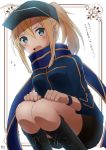  artoria_pendragon_(all) black_footwear black_hat black_shorts blonde_hair blue_eyes blue_jacket blue_scarf blush boots enokimo_me fate/grand_order fate_(series) flying_sweatdrops hair_between_eyes hat high_ponytail highres jacket knee_boots long_hair looking_at_viewer mysterious_heroine_x open_mouth scarf short_shorts shorts sidelocks solo squatting translation_request white_background wristband 