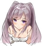  bandages blush breasts closed_mouth commentary eyebrows_visible_through_hair from_above grey_hair idolmaster idolmaster_shiny_colors long_hair looking_at_viewer masashi-san purple_eyes sarashi small_breasts solo twintails upper_body yuukoku_kiriko 