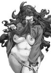  al_bhed_eyes black_hair blush breasts clothes_in_mouth clothes_lift commentary_request cowboy_shot drooling fingernails hairband hex_maniac_(pokemon) highres hips kei_(bekei) lifted_by_self long_hair looking_at_viewer medium_breasts messy_hair monochrome navel nipples panties panty_pull pokemon pokemon_(game) pokemon_xy pubic_hair pussy_juice shirt_in_mouth simple_background solo stomach sweat sweater sweater_lift teeth teeth_hold turtleneck underwear white_background 