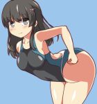  alternate_costume bangs bare_arms bare_shoulders bent_over black_hair black_swimsuit blue_background breasts collarbone competition_swimsuit cowboy_shot eyebrows_visible_through_hair from_side grey_eyes hair_ornament hairclip kantai_collection long_hair looking_at_viewer looking_to_the_side one-piece_swimsuit oyashio_(kantai_collection) shiny shiny_skin simple_background solo standing swimsuit wahiko_(black_bastard) 