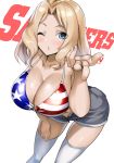  american_flag_bikini bikini blonde_hair blown_kiss blue_eyes breasts cleavage collarbone feet_out_of_frame flag_print girls_und_panzer grey_shorts hand_on_thigh kay_(girls_und_panzer) large_breasts leaning_forward looking_at_viewer medium_hair muunyan_(yumenekoya) one_eye_closed short_shorts shorts simple_background solo swimsuit white_background white_legwear 