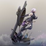  3d armor armored_boots armored_dress bare_shoulders black_armor boots breasts fate/grand_order fate_(series) gauntlets greaves hair_over_one_eye high_heels highres leslyzerosix mash_kyrielight medium_breasts purple_eyes purple_hair sheath sheathed shield short_hair solo sword weapon 