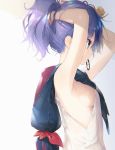  armpits arms_up azur_lane bangs blue_eyes breasts expressionless eyebrows_visible_through_hair from_side gradient gradient_background grey_background hair_tie hair_tie_in_mouth hairdressing hands_in_hair highres hood hood_down javelin_(azur_lane) medium_breasts mouth_hold nape no_bra ponytail profile purple_hair red_ribbon ribbon shiny shiny_hair shirt short_hair sideboob simple_background sleeveless sleeveless_shirt solo tying_hair upper_body white_background white_shirt yatsuha_(hachiyoh) 