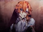  artist_name black_choker blood blood_from_mouth blood_on_face bloody_clothes blue_eyes bungou_stray_dogs choker commentary_request hair_between_eyes haro18 long_hair looking_at_viewer male_focus nakahara_chuuya orange_hair out_of_frame pov pov_hands shirt solo_focus white_shirt 
